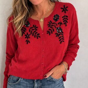 NWT Charter Club Embellished Red Cardigan Sweater Womens XL Beaded Holiday